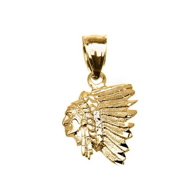 14K Solid Gold Native American Indian Head Pendant Necklace -Yellow Rose White