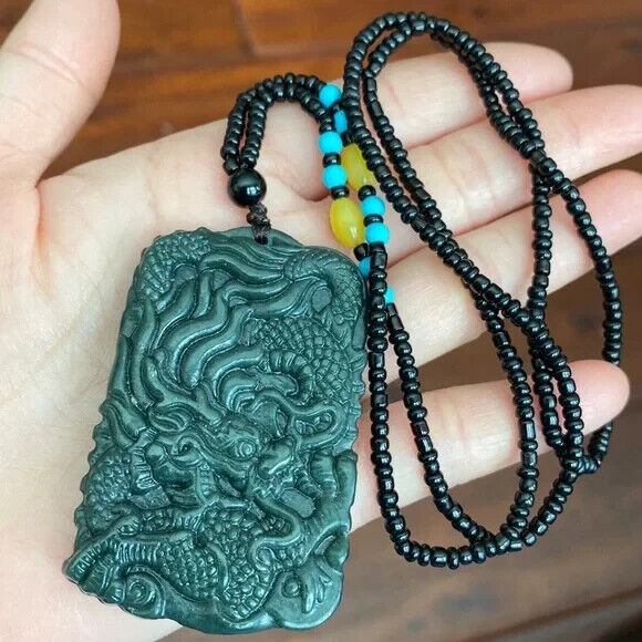 Large Nephrite Jade Carving Dragon Pendant Necklace Men