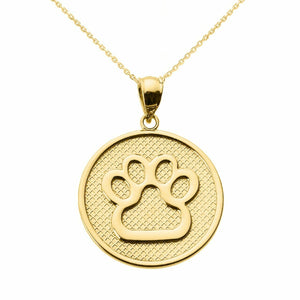 Solid 14k Yellow Gold Bear Dog Paw Print Disc Pendant Necklace