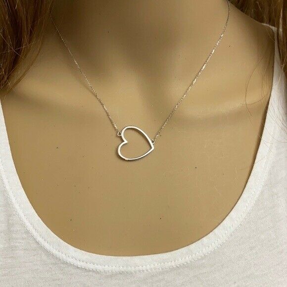 925 Sterling Silver Cut out Sideways Open Heart Necklace Valentine's Day