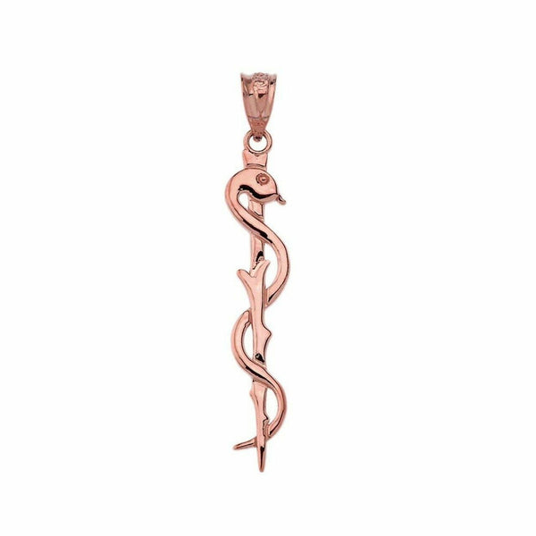 10k 14k Solid Gold Asclepius medicine Symbol Pendant Necklace Yellow White Rose