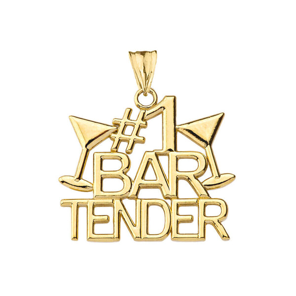 14K Solid Gold #1 Bartender Pendant Necklace - Yellow, Rose, White