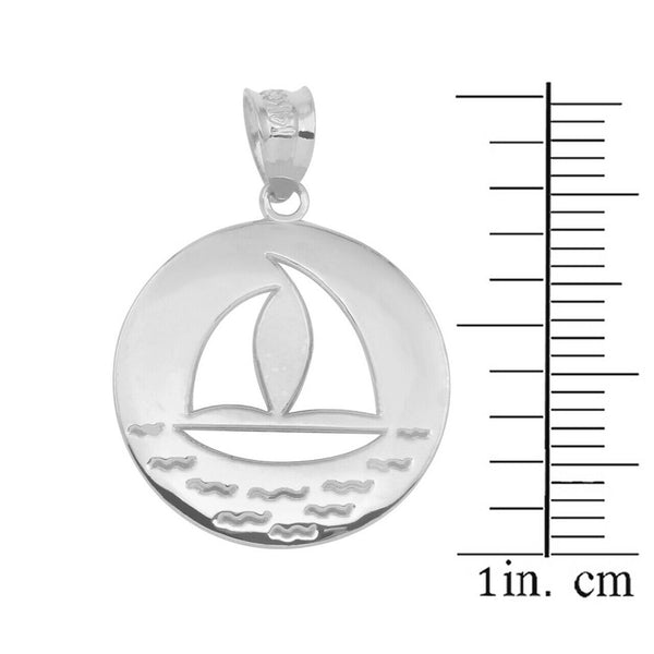 925 Sterling Silver Nautical Ocean Waves Sailboat Silhouette Pendant Necklace