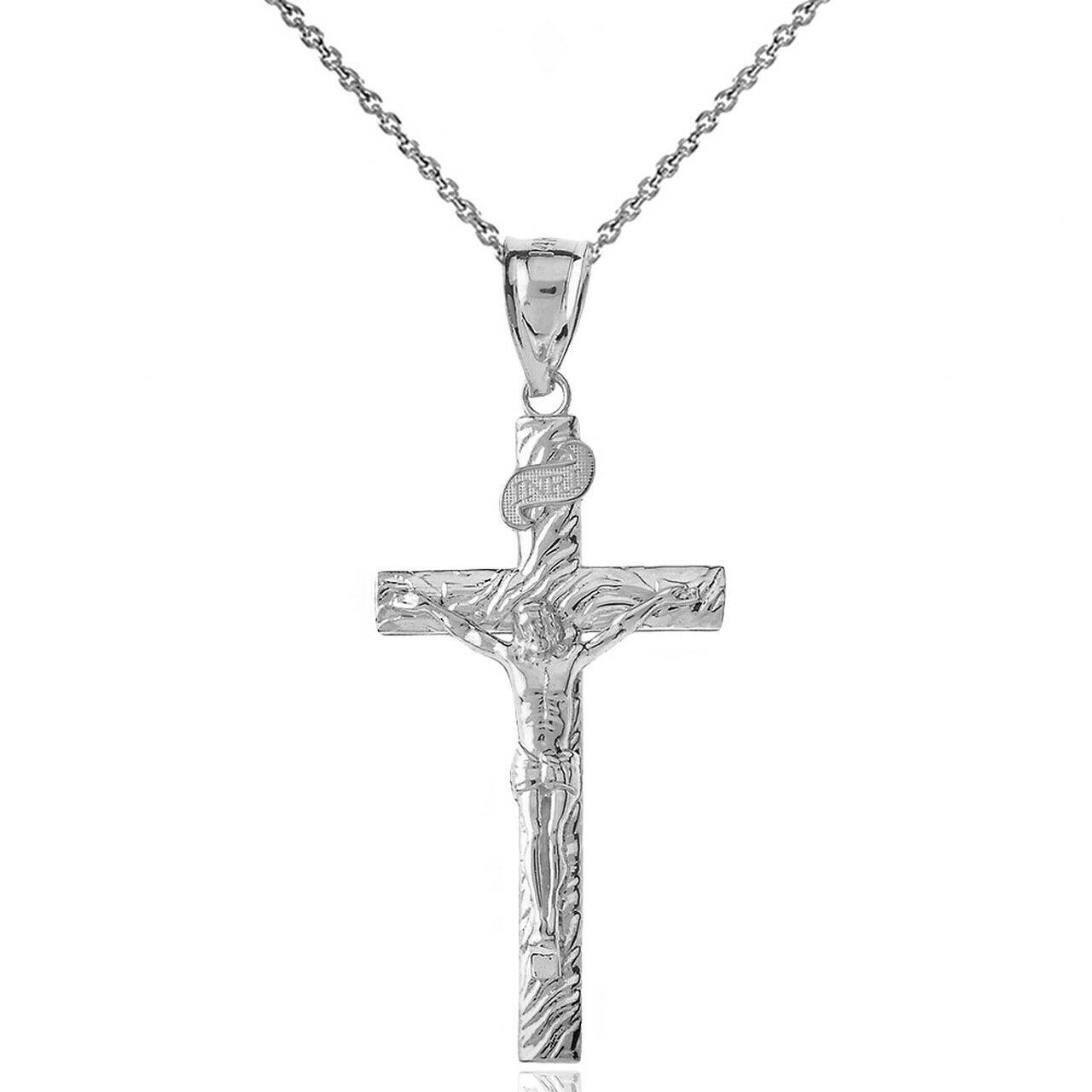 Sterling Silver NRI Jesus of Nazareth Crucifix Wood Texture Pendant Necklace