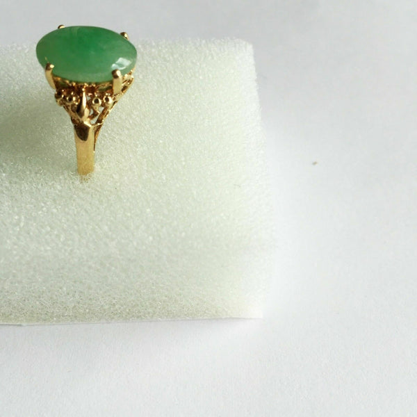 14K Solid Yellow Gold Oval Green Jade Women Ring Size 5.75