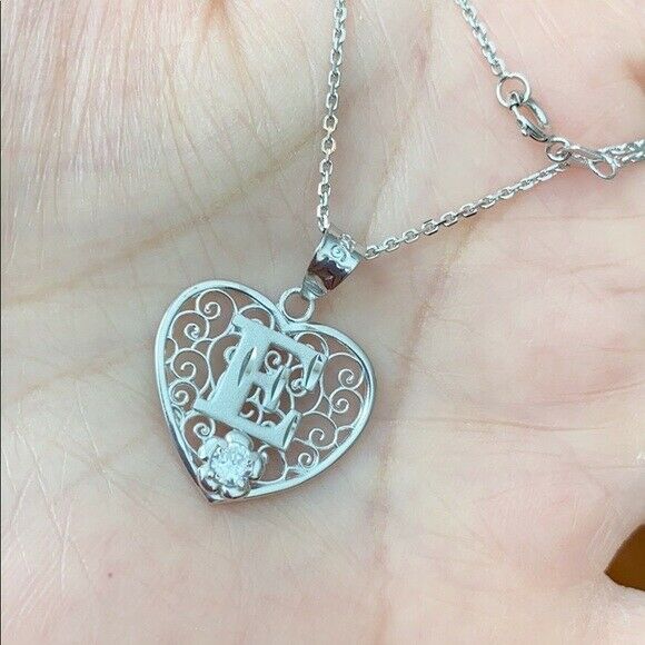 925 Sterling Silver Filigree Heart CZ Initial Letter E Pendant Necklace
