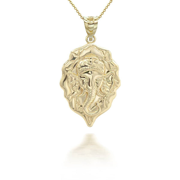 10K Solid Gold Hindu Lord Ganesha Elephant Pendant Necklace Yellow, Rose, White