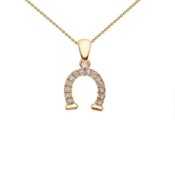 14k Yellow Gold Reversible Diamond Plain Horse Shoe Good Luck Pendant Necklace