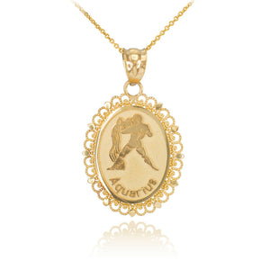 10k Solid Gold Aquarius Zodiac Sign Filigree Oval Pendant Necklace