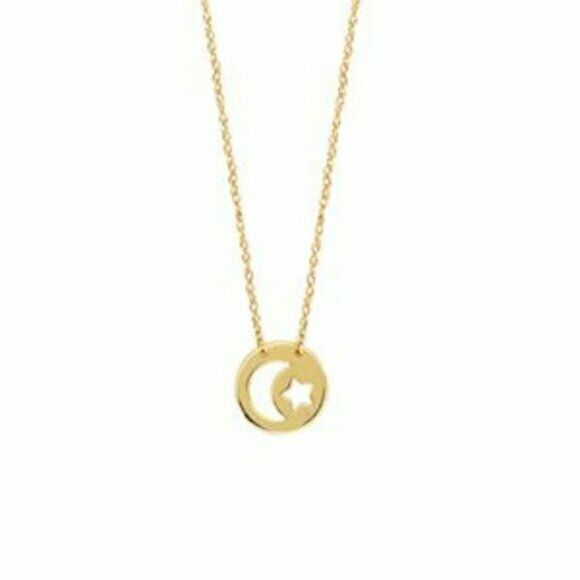 14K Solid Gold Mini Disk Disc Moon Star Dainty Necklace -Minimalist Yellow