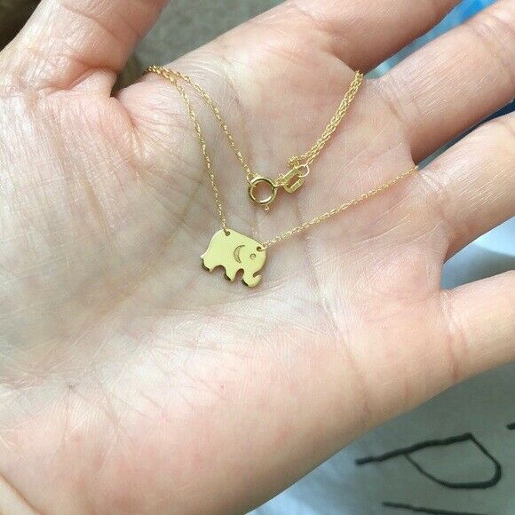 14K Solid Yellow Gold Mini Elephant Pendant Dainty Necklace 16"-18" Adjustable