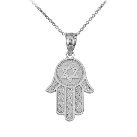 925 Sterling Silver Star Of David Hamsa Hand Textured Pendant Necklace