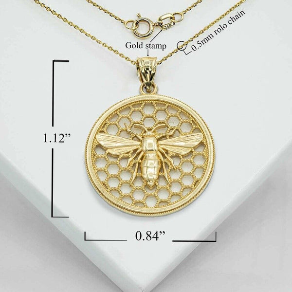 10K Solid Gold Queen Bee Honey Comb Pendant Necklace - Yellow, Rose, or White