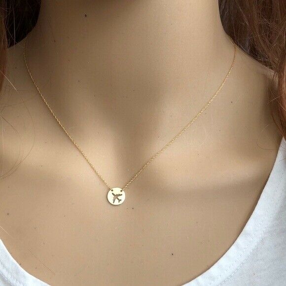 14K Solid Gold Mini Disk Disc Air Plane Dainty Necklace - Minimalist Yellow