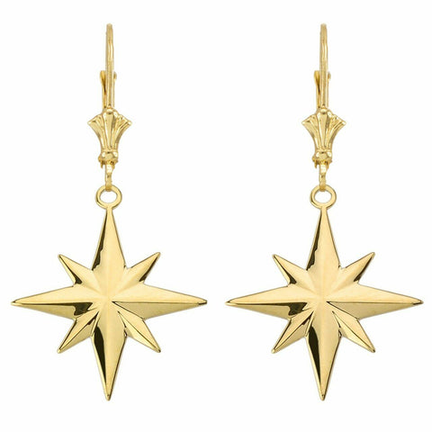 14k Real Yellow Gold North Star Leverback Earrings