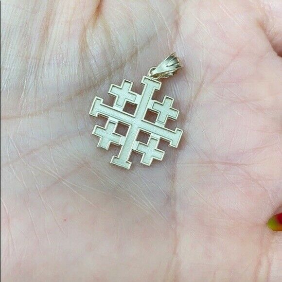 10K Solid Yellow Gold Jerusalem "Crusaders" Cross Pendant Necklace