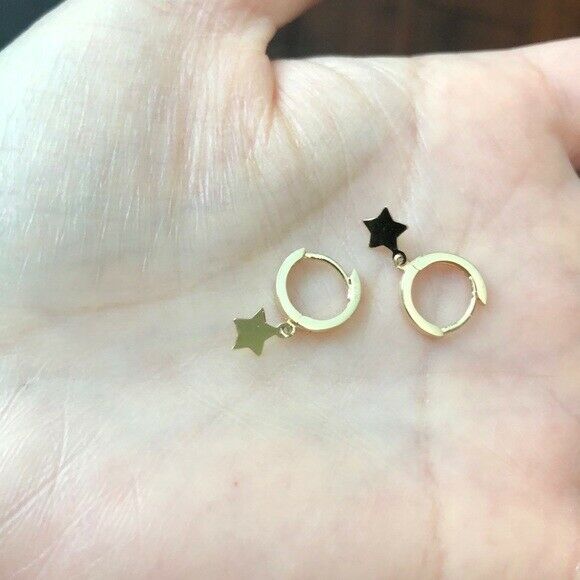 14K Solid Yellow Gold Baby 10 mm Hoop Dangle Star Earrings