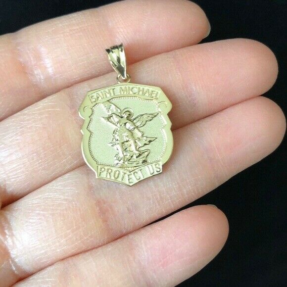 10k Solid Yellow Gold Saint Michael Protect Us Shield Pendant Necklace