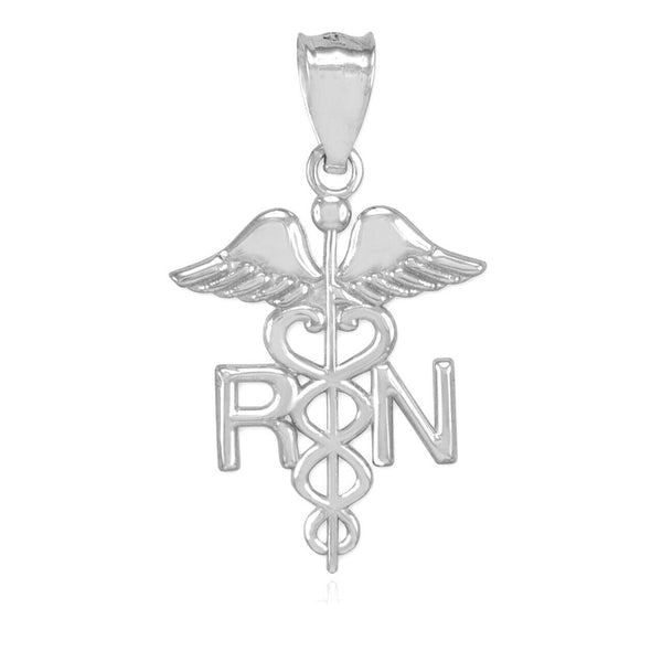 14K White Gold Caduceus Medical RN Registered Nurse Herald Staf Pendant Necklace