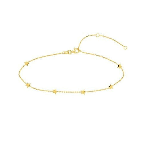 14K Solid Gold 6 pieces Star Ankle Bracelet Anklet - Yellow 9"-10" adjustable