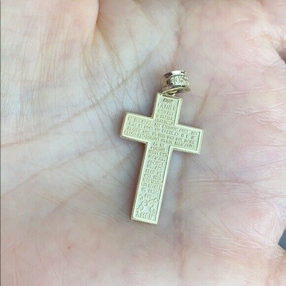 Solid 10k Yellow Gold The Lord's Our Father Prayer Cross Pendant Necklace