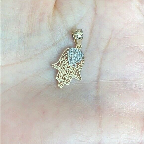 10k Solid Yellow Gold Diamond Filigree Hamsa Pendant Necklace 16" 18" 20" 22"