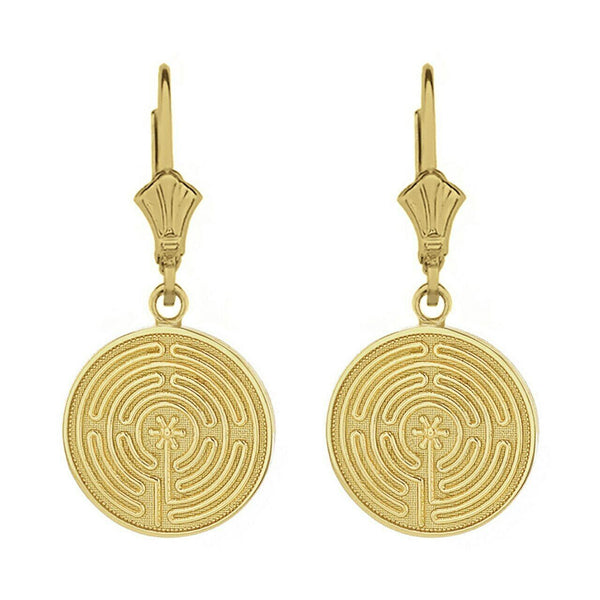 14k Solid Yellow Gold Maze Chartres Labyrinth Dainty Disc Leverback Earrings