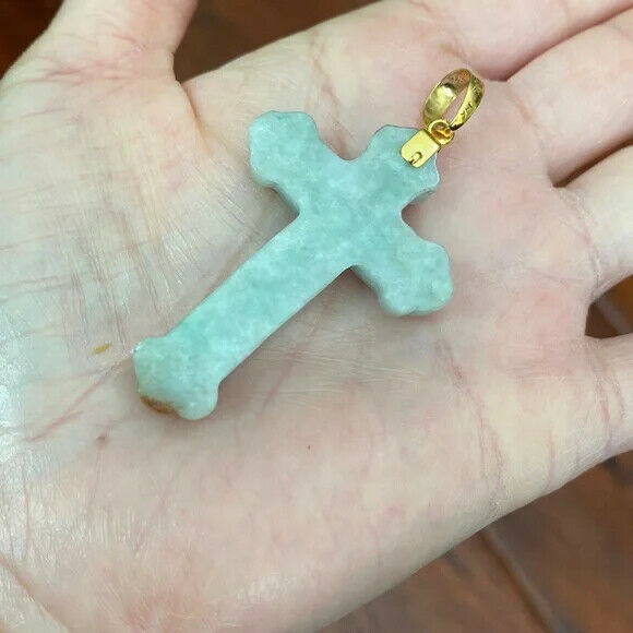 14k Solid Real Yellow Gold Jesus Crucifix Carved Jade A Cross Religious Pendant