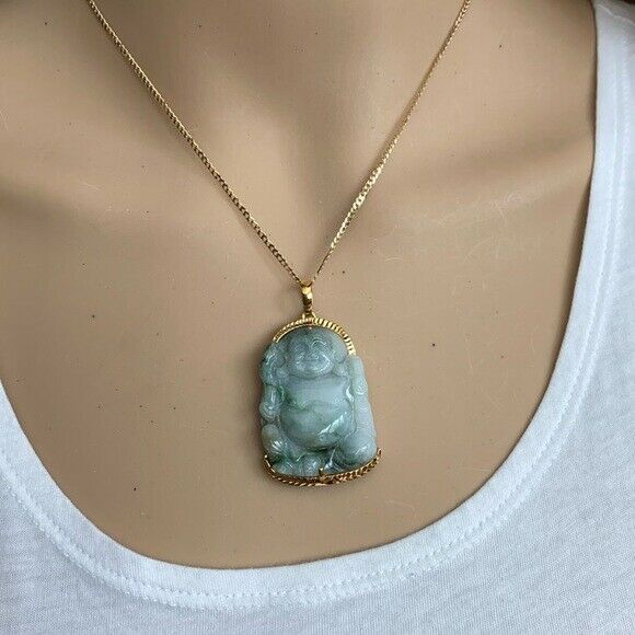 14K Solid Real Gold Natural Jadeite Jade Happy Laughing Buddha Pendant Male Luck