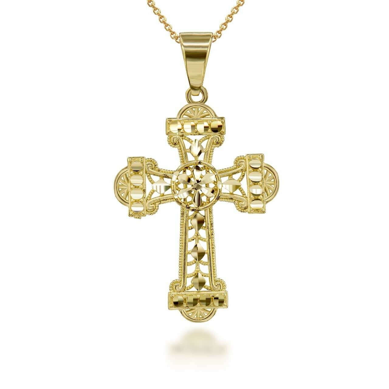 14K Solid Gold Sparkle Cut Filigree Ornate Cross Pendant Necklace