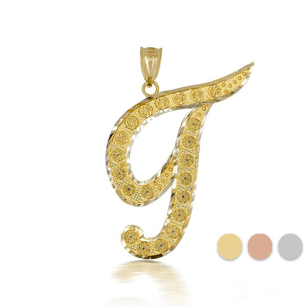 10k Solid Yellow Gold Cursive Initial Letter T Pendant Necklace