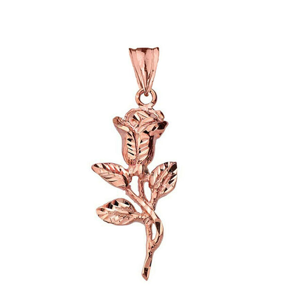 10k or 14k Solid Yellow or Rose or White Gold Sparkle Cut Rose Pendant Necklace