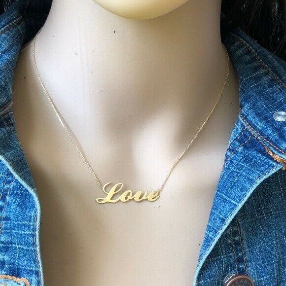 14K Solid Gold Love Cut Out Necklace -16"-18" Minimalist Yellow, White, Rose