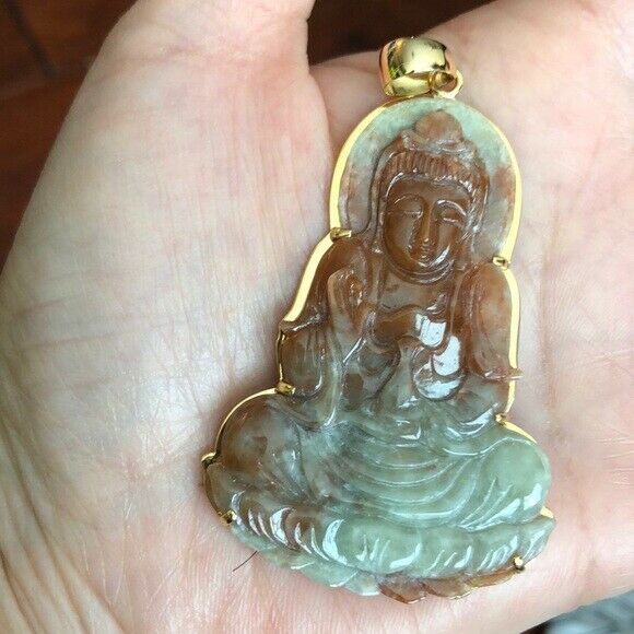 14K Solid Gold Large Big Lady /Kwan Yin Buddha Natural Red Jade Pendant - 349