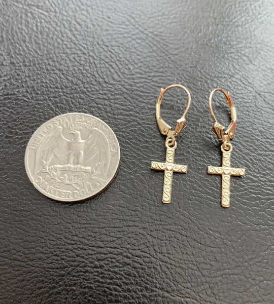 10k Yellow Gold Swirl Twirl Design Heart Cross Drop / Dangle Leverback Earrings