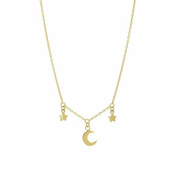 14K Solid Yellow Gold Dangle Half Moon and Star Necklace 16"-18" adjustable