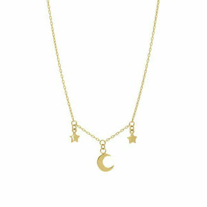 14K Solid Yellow Gold Dangle Half Moon and Star Necklace 16"-18" adjustable
