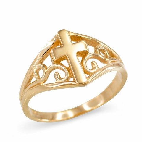 10k Solid Yellow Gold Filigree Motif Cross Ring Any / All Sizes