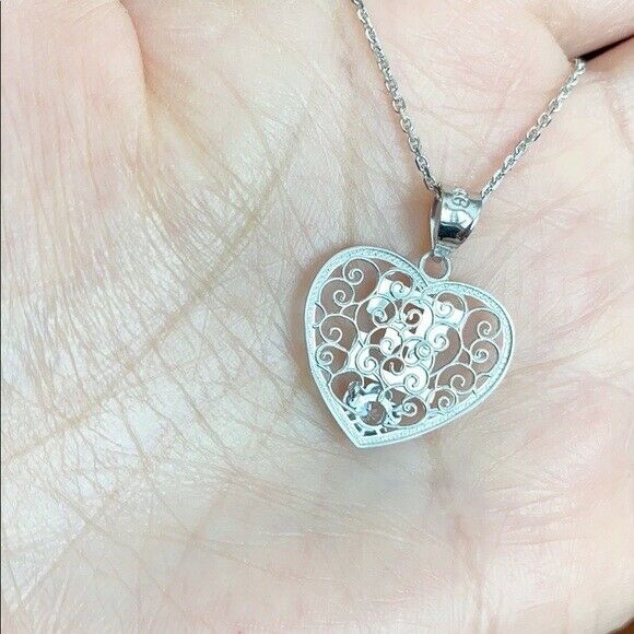 925 Sterling Silver Filigree Heart CZ Initial Letter E Pendant Necklace