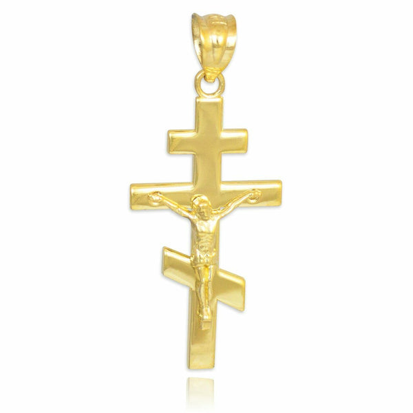 Solid 10k Yellow Gold Russian Orthodox Crucifix Pendant Necklace