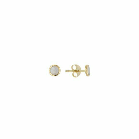 14K Solid Yellow Gold Pearl Enamel Mini Stud Round Disk Earrings -Minimalist