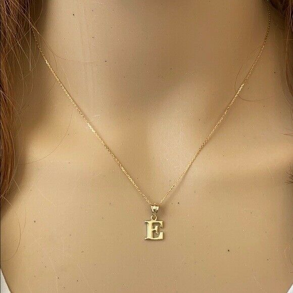 10k Solid Real Yellow Gold Small Mini Initial Letter E Pendant Necklace