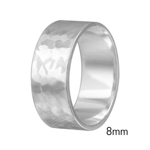 925 Sterling Silver Hand Hammered Wedding Band Flat Ring 8MM Unisex Thumb
