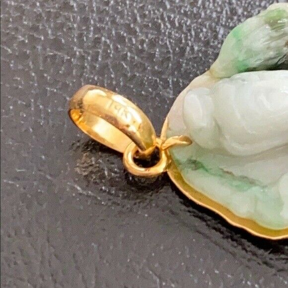 14K Solid Real Gold Natural Jadeite Jade Lotus Kwan Yin Lady Buddha Pendant 703