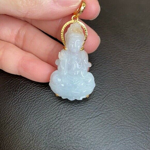 14k Solid Gold Natural Jadeite Jade Kwan Quan Yin White Female Buddha Pendant