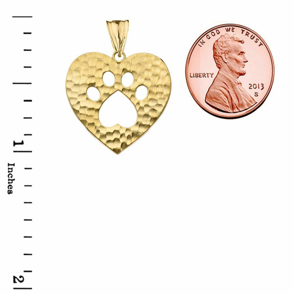 Solid 14k Yellow Gold Cut- Out Paw Print In Heart Pendant Necklace