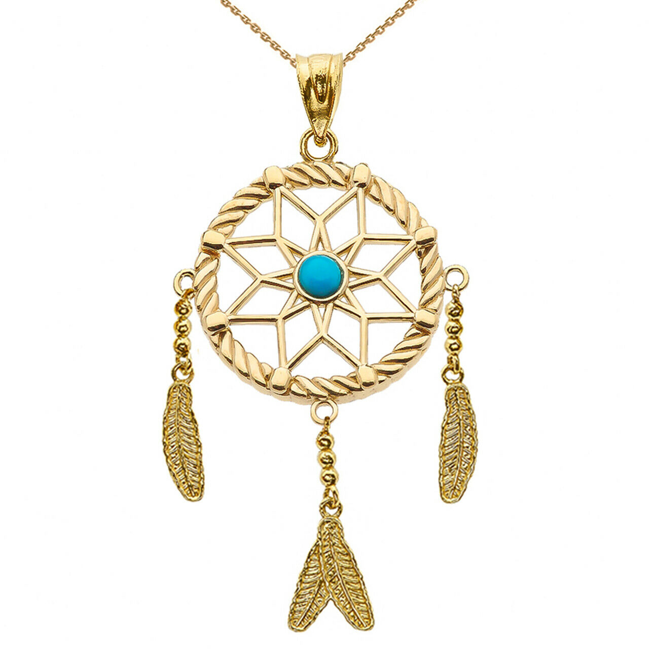 14k Solid Yellow Gold Turquoise Flower Dream Catcher Pendant Necklace