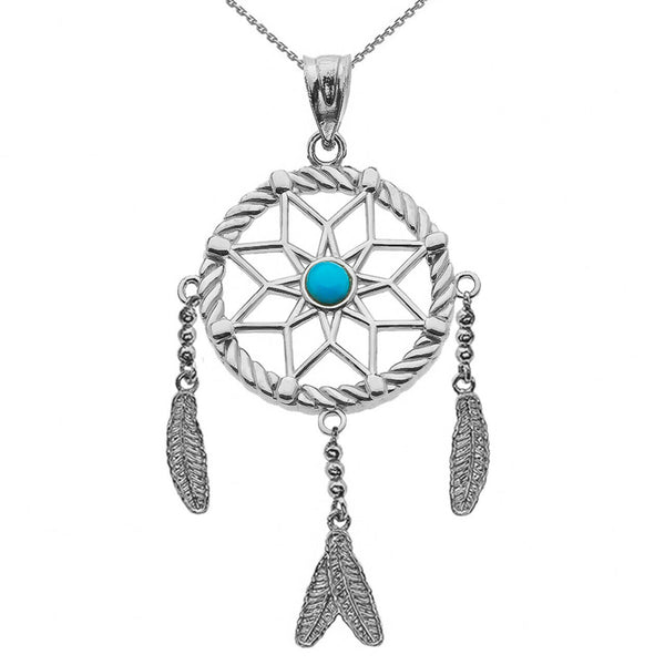 925 Sterling Silver Turquoise Flower Dream Catcher Pendant Necklace