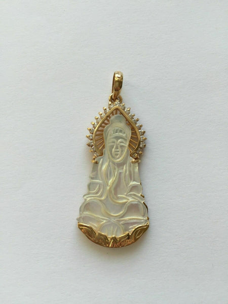 NEW 14K Solid Yellow Gold Kwan Yin Lady Buddha Shell Pearl Religious Pendant