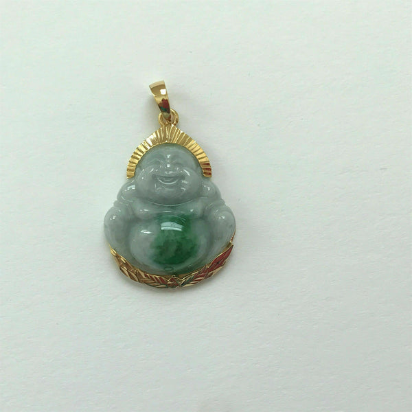 14K Solid Gold Happy Laughing Buddha Natural Green Jade Religious Pendant -P482